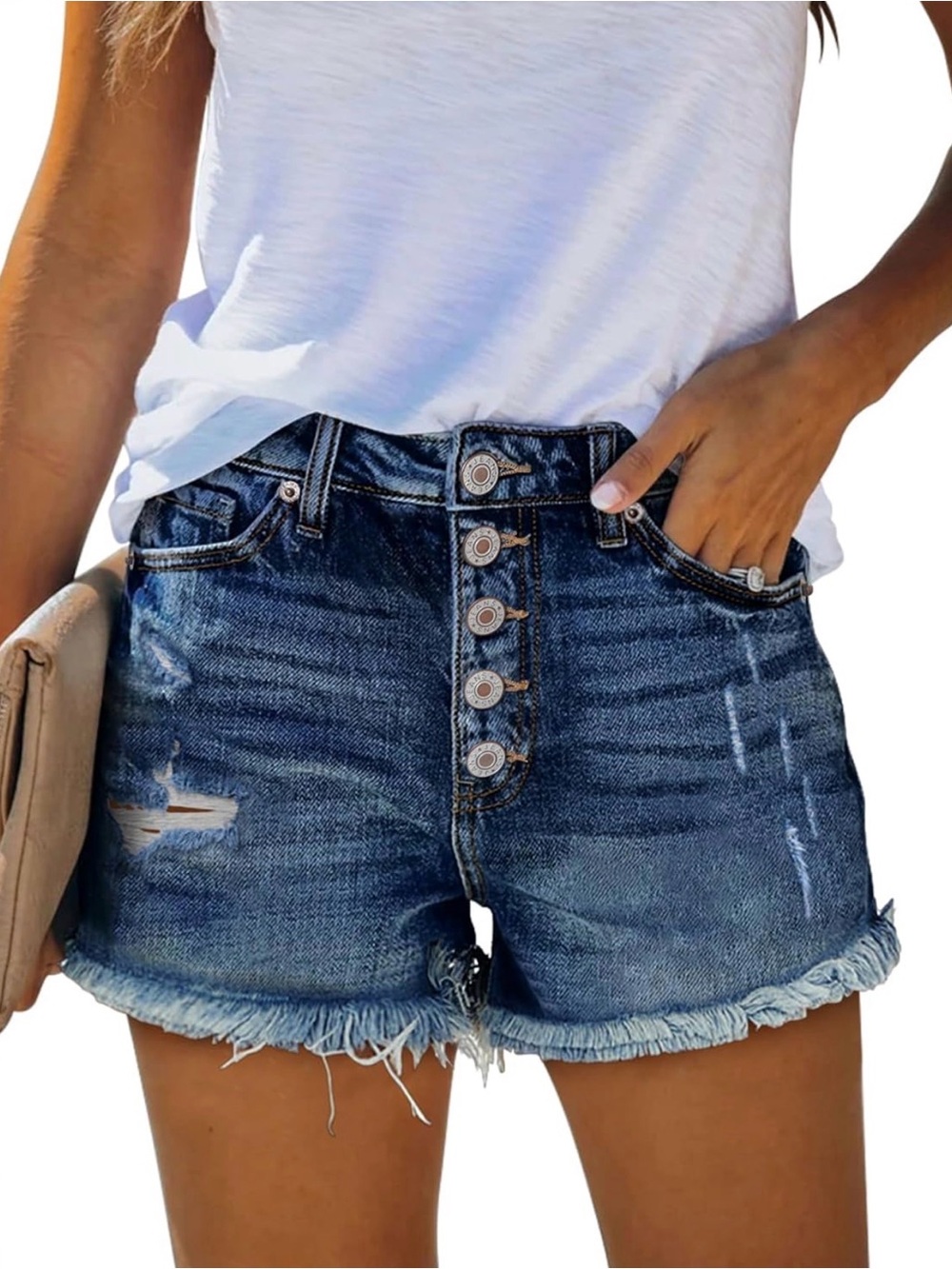 Women's Dark Blue Distressed Denim Shorts with Frayed Hem
